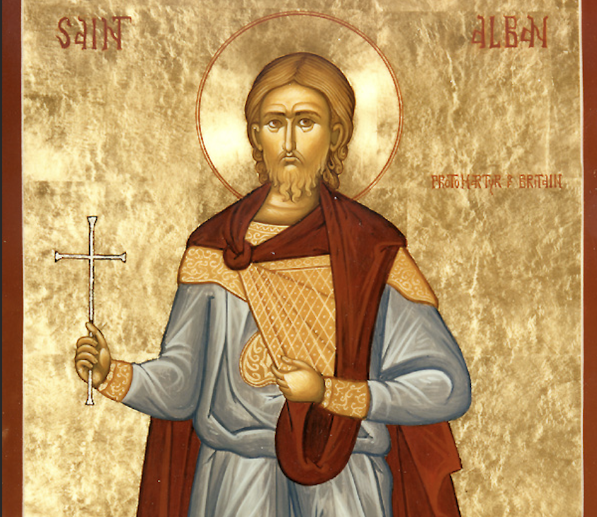 Stained-glass image of Saint Alban the Martyr with sword, armor, halo, and a model church